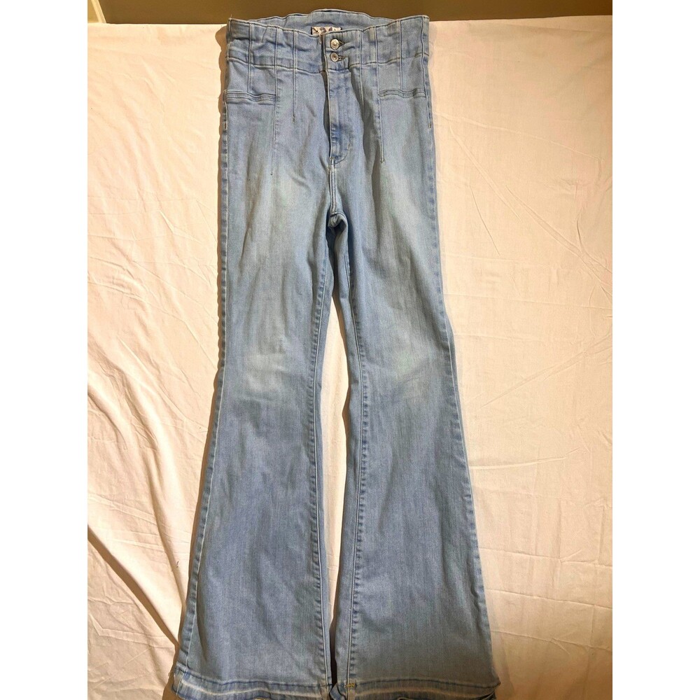 We The Free Women’s Flared Jeans Light Wash Blue High Rise Stretch Button Fly